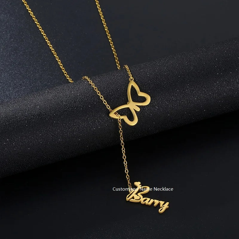 DIY Stainless Steel Custom Letter Name Gold-plated Hollow butterfly Pendant Necklace Fashion Jewelry