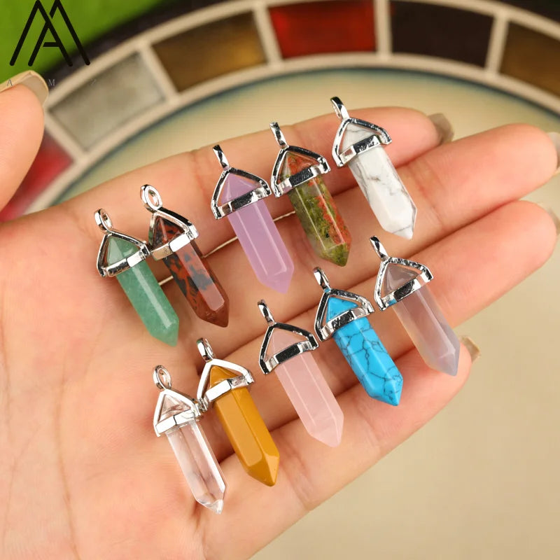1 Inch Small Crystal Point Double Hexagon Bead Pendant Silver Charm for Necklace Making