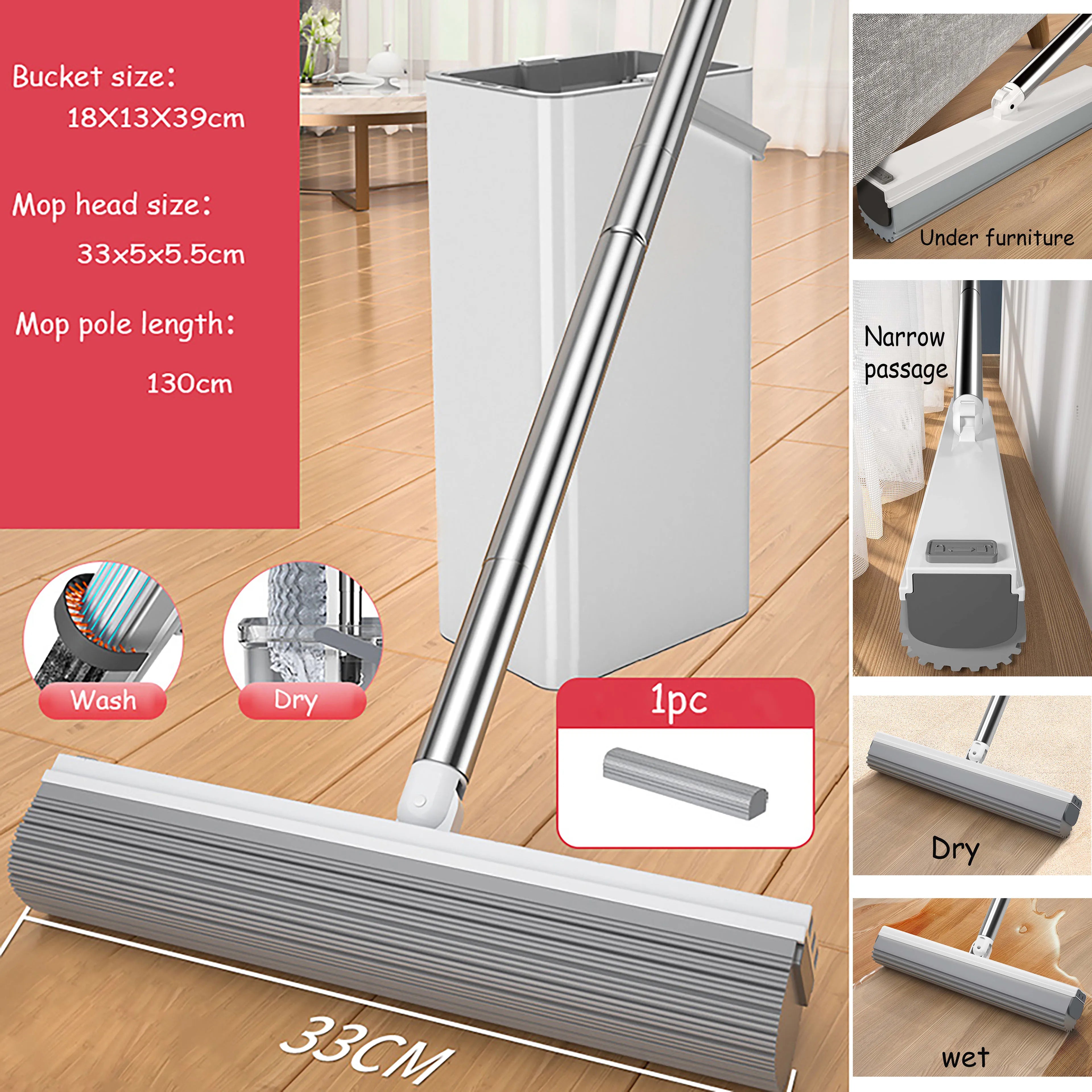 Retail Larger PVA Head 360 Easy Squeeze Sponge Self Cleaning Hand Free  Floor Cleaning  Mop Bucket