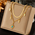Stainless Steel Double Snake Chain Green Stone Sun Pendant Necklace Bracelet Set for Women Vintage Lightning Eye Chain Jewelry
