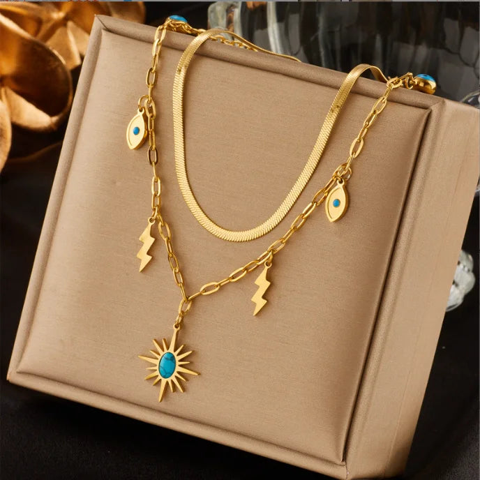 Stainless Steel Double Snake Chain Green Stone Sun Pendant Necklace Bracelet Set for Women Vintage Lightning Eye Chain Jewelry