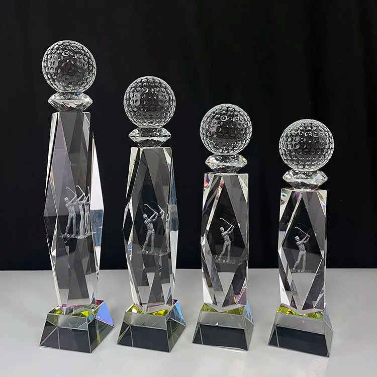 Laser Golfer Crystal Golf Ball Crystal Glass Awards Trophies with rainbow Base MH-NJ0733