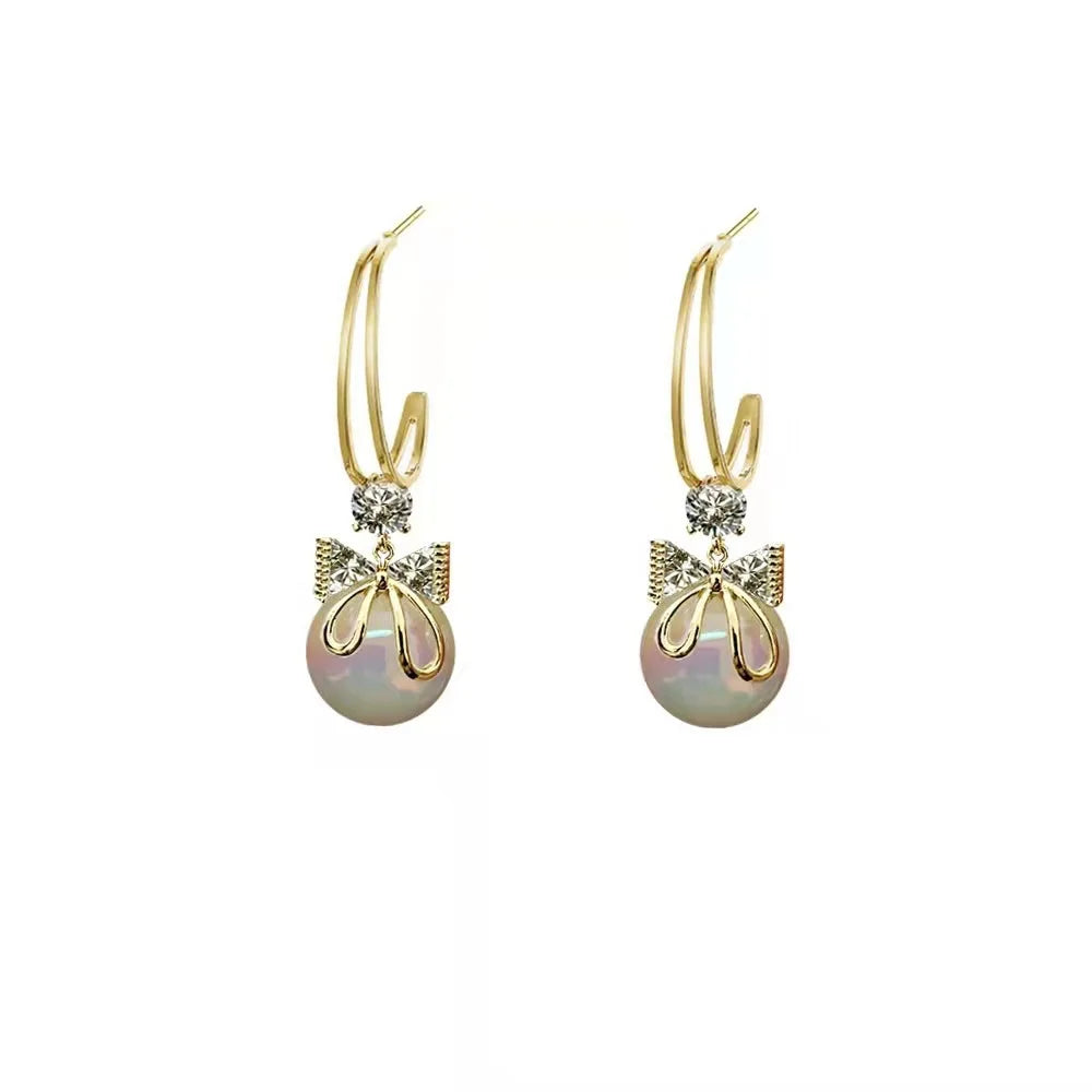 AA00478 Pearl Fashion Ball Bow Pendant Earrings Women 925 Silver Needles Earrings Jewelry