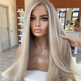European Human Hair Highlight Platinum Silky Straight Wave Cuticle Aligned Lace Front Wigs for White Women