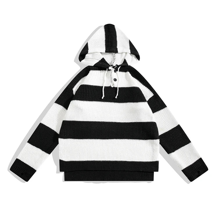 Custom Sweater Hoodies Autumn Winter Vintage Striped American Street Knitwear Loose Men'S Knit Hoodie Sweater