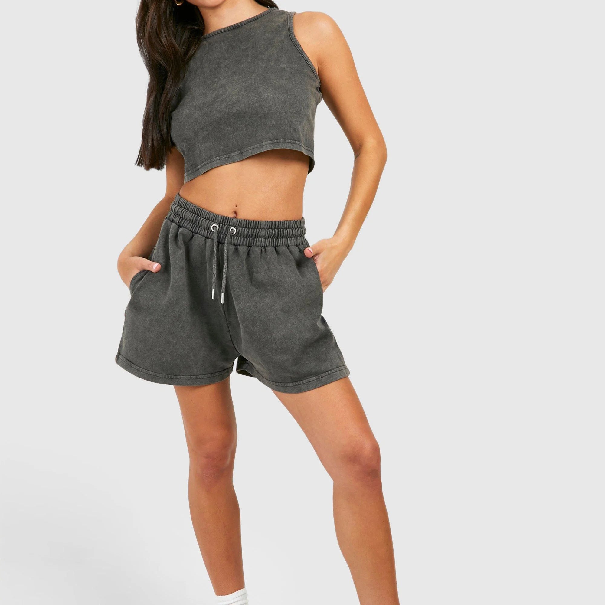 Wholesale Custom Logo Washed Cropped Top Tank Top & Shorts for Women 2 Pieces Set Casual Summer Shorts Set Sweatsuit