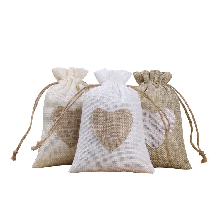 Custom 8x10cm Heart Printing Jute Drawstring Bags Jewelry Small Pouches Wedding Christmas Gift Packing Pocket