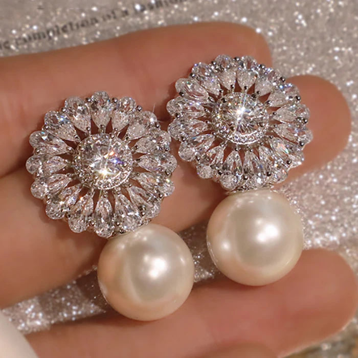 CAOSHI Delicate Flower Pear Cut Cubic Zirconia Drop Earring Bridal Wedding Imitation Rhodium Plated Pearl Pendant Earrings Women