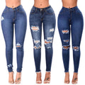 Skinny Streetwear Breathable Eco-Friendly Mid Waist Full Length Dark Blue Stretch Ripped Stretch Jeans Wholesale