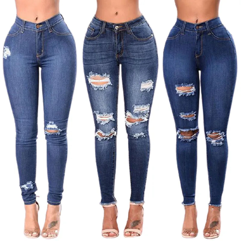 Skinny Streetwear Breathable Eco-Friendly Mid Waist Full Length Dark Blue Stretch Ripped Stretch Jeans Wholesale