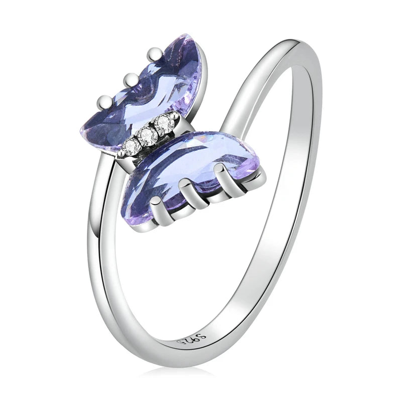Factory 2024 New 925 Sterling Silver Violet Pave Crystal Butterfly Ring Women Making Ring Fine Jewelry Wedding Gift SCR797