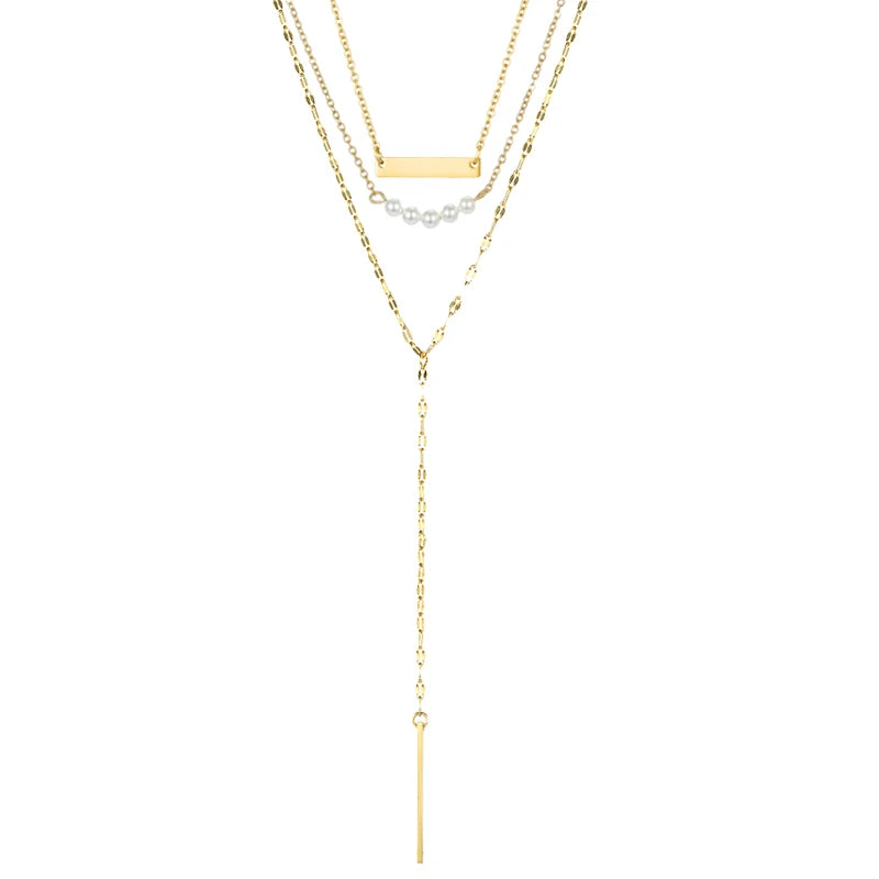 Stainless Steel 14K Gold Plated Three Layers Pearl Bar Link Chain Y Shaped Choker Necklace Gift