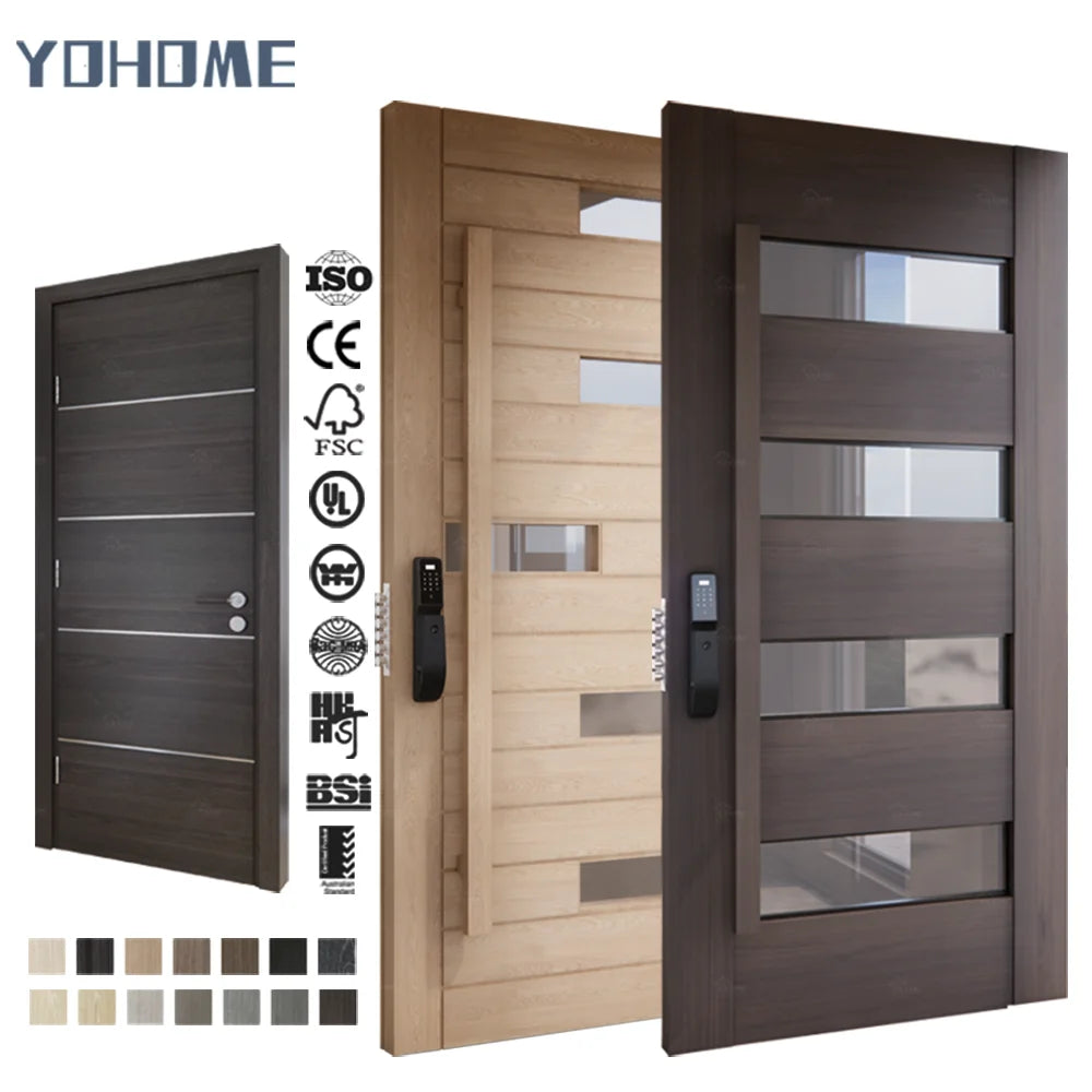 French Style Custom Solid Wood Sound Insulation House Main Entrance Front Entry Pivot Doors with Vision Panels Glass Window