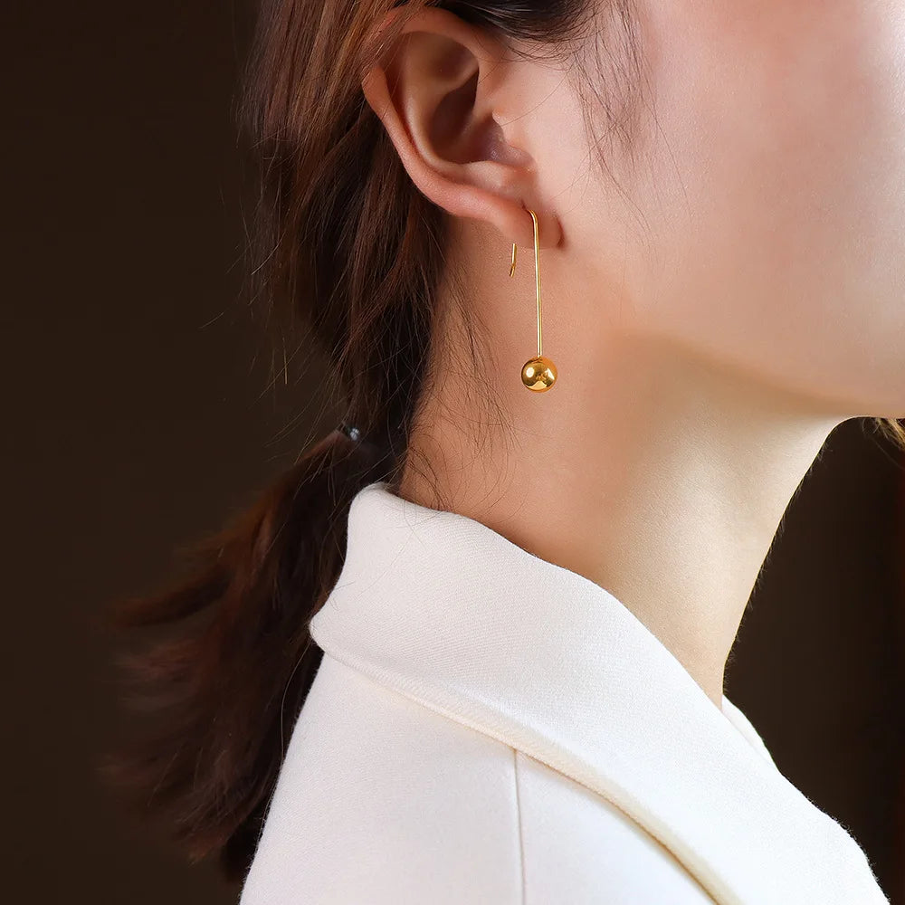 Western Style Personalized Stainless Steel Long Dropping Stud Earrings 18k Gold Plated Ball Bead Earrings Ornament Female