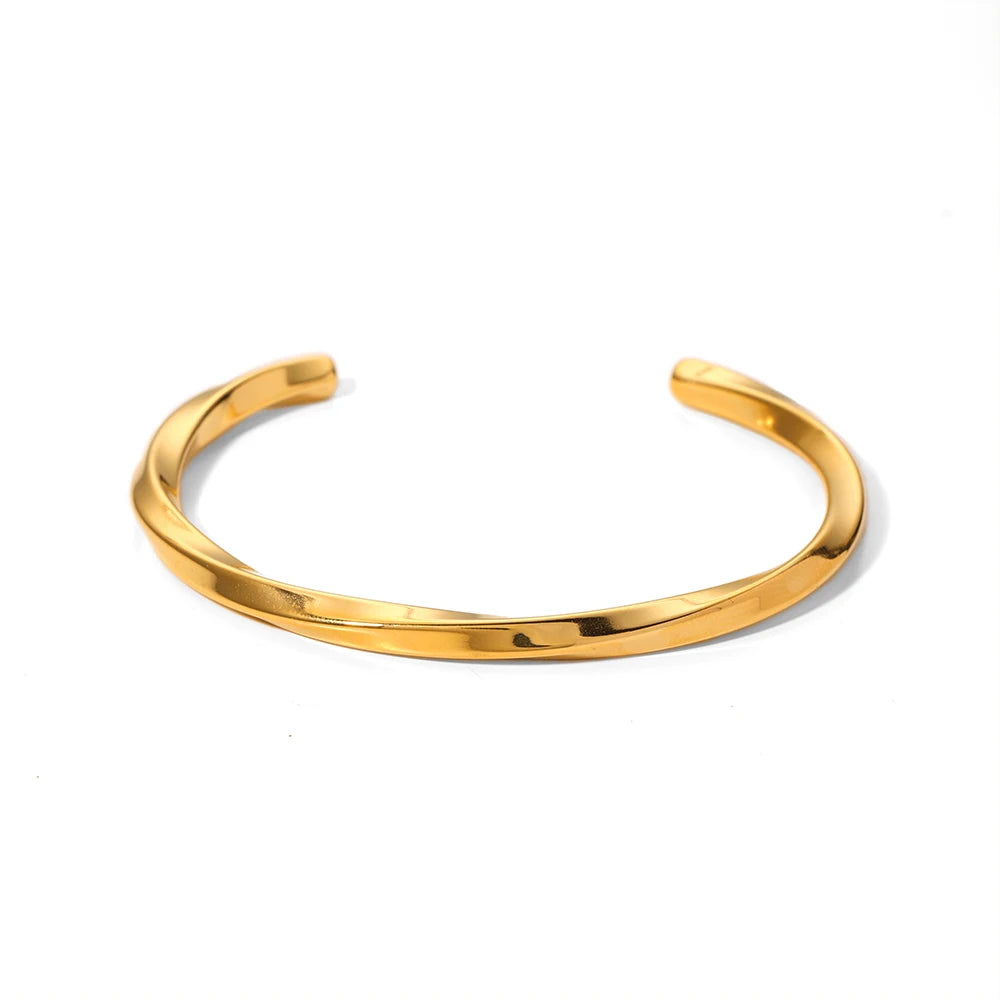 Minimalist Unisex Stainless Steel 18K Gold Plated Twisted Crescent Moon Irregular Wave Open Bangles