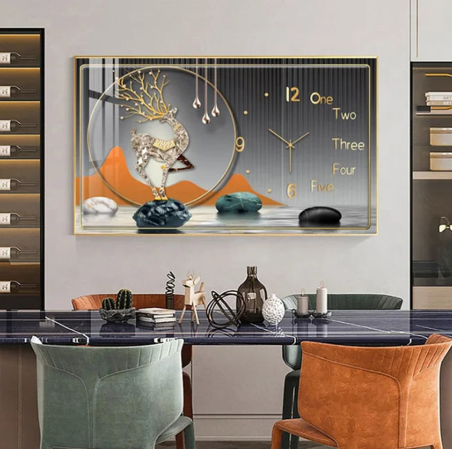 Hot Selling Luxury Modern Painting Landscape Crystal Painting with Wall Clock Horizontal Decorative Painting Clock