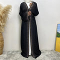 Hot Rhinestones Side-Pockets Muslim Abaya Long Sleeve Open Front Rhinestones Kaftan Cardigan Maxi Dress for Women With Belt