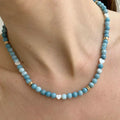 Dainty Natural Stone Necklace for Women Girls 8mm Aquamarine Beaded Clavicle Necklace Heart Shell Beads Chain Jewelry Party Gift