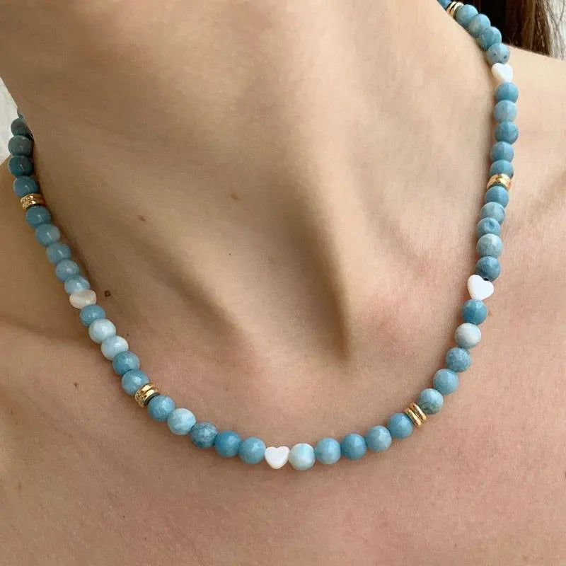 Dainty Natural Stone Necklace for Women Girls 8mm Aquamarine Beaded Clavicle Necklace Heart Shell Beads Chain Jewelry Party Gift