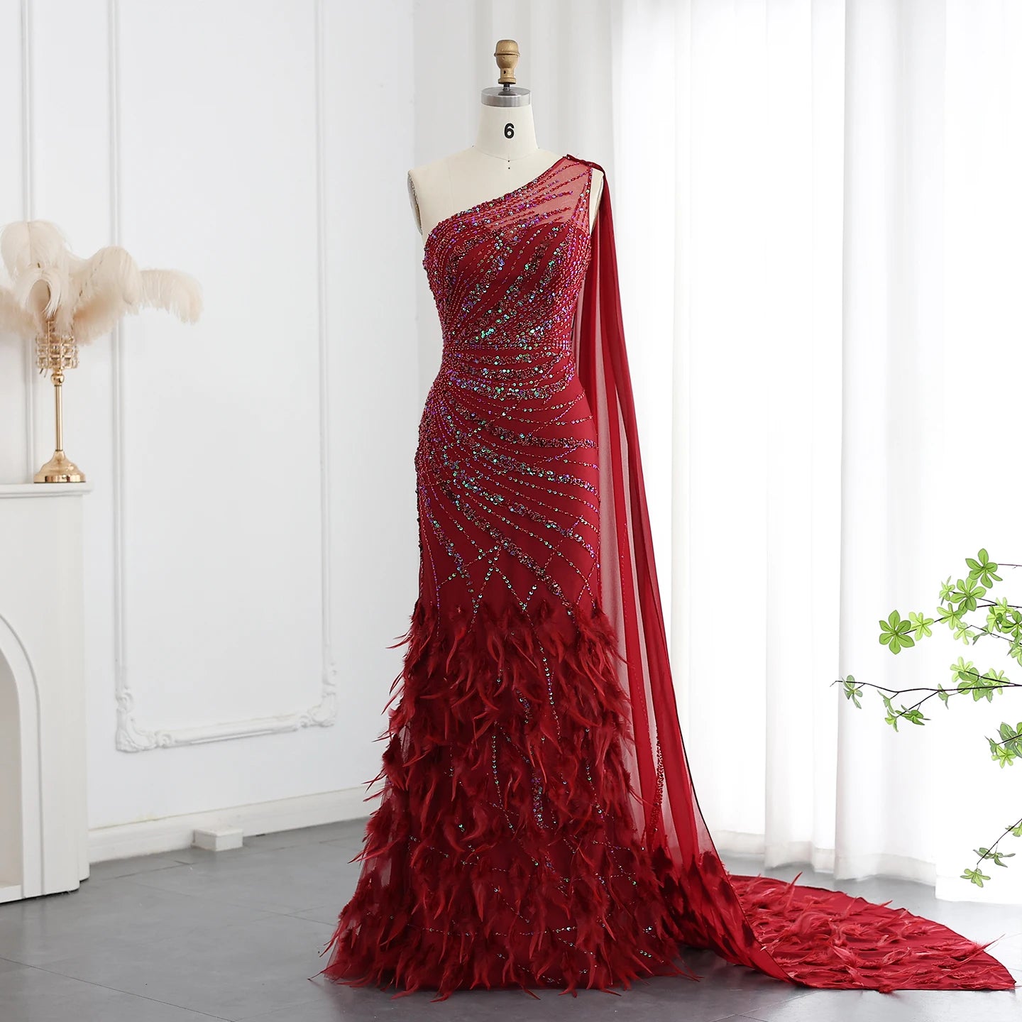 Luxury Feather Turquoise Aqua One Shoulder Mermaid Evening Dress With Cape Prom Wedding Party Gowns SZ498