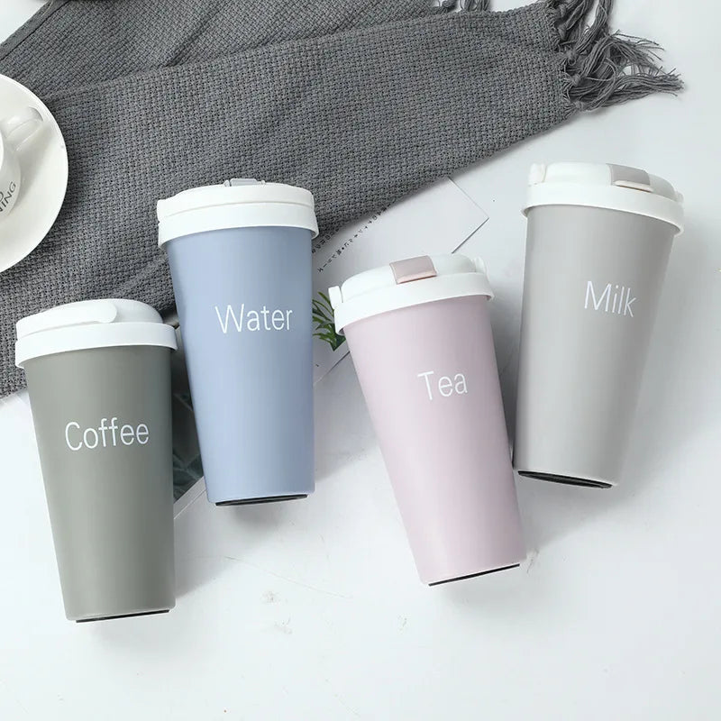Custom Portable Water Bottle 500ml Double Wall Tumbler Stainless Steel Travel Coffee Mug with Drinking Straws Couple Thermos Cup