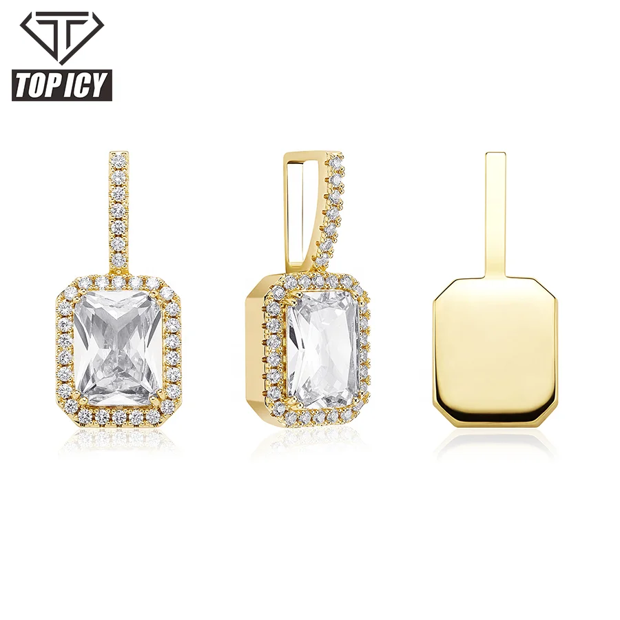 White Gold Square Gem Mocha Fluorescence Pendant Rectangle Iced Out 2 Rows of 5A Cz Hip Hop Pendants for Necklace