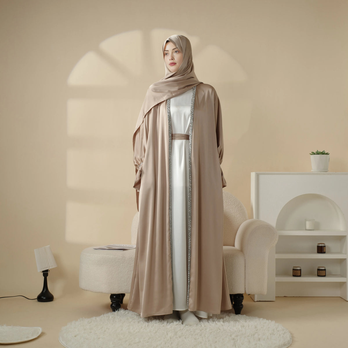 New Ramadan Eid Modest Plus Size Rhinestones Beaded Ankle Length 4 Pieces Set with Hijab Party Abaya Dresses for Muslim Women MegaBDM