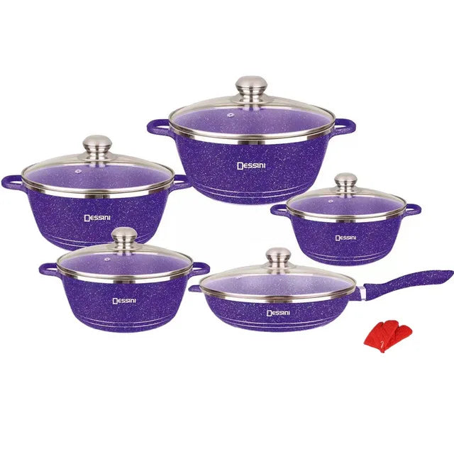 Dessini 10-Piece VIOLET Non-Stick Aluminum Alloy Cookware Set Bakelite Handles Contemporary Design Tempered Glass Lid