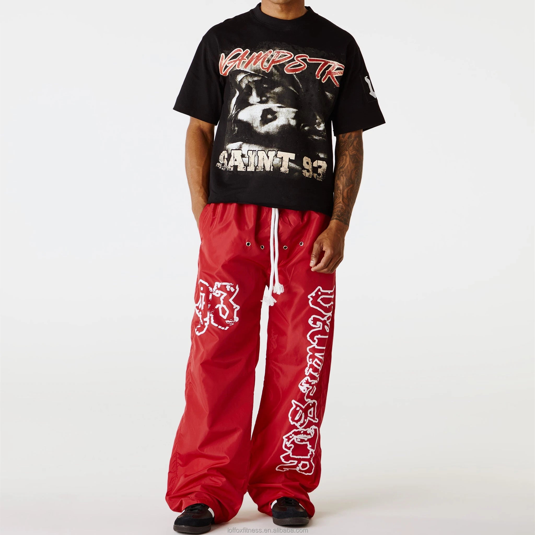 Custom Screen Printed Nylon Polyester Loose Waterproof Windbreaker Vintage Elastic Waist Straight Baggy Wide Leg Sweatpants Men