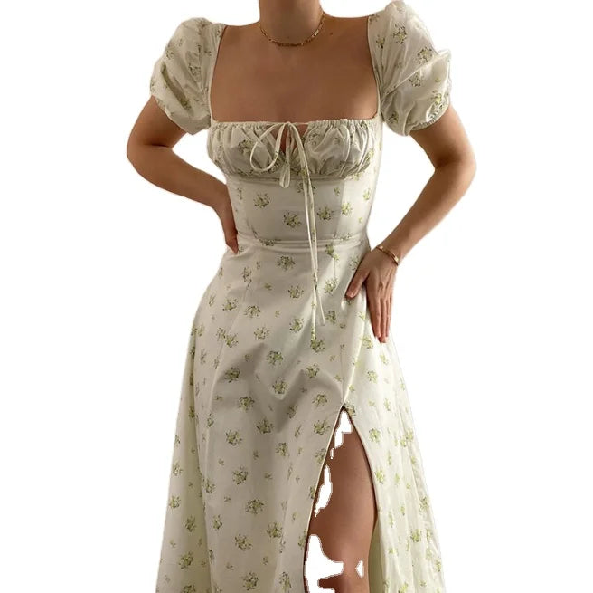 2023 Women's Spring New Printed French Floral Open Back Slim Split Sling Dress
