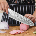 7-Inch Carbon Steel Santoku Chef Knife with Hammer Pattern Blade Wood Handle Non-Slip Grip