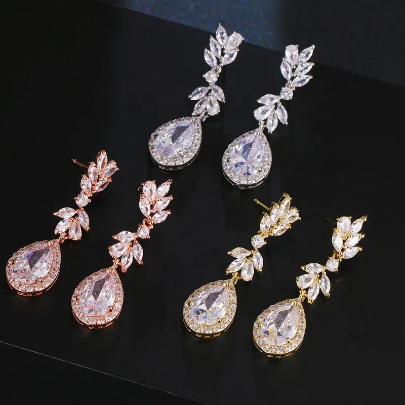Elegant Luxury Flower Cubic Zirconia Bridal Earring for Women Trendy Crystal Bling Water Drop Earrings Wedding Jewelry 2022 New