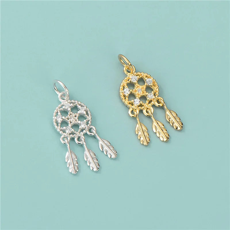 Vintage 925 Sterling Silver Pave Zircon Lucky Dreamcatcher Pendant Charm With Tassel for Jewelry Making