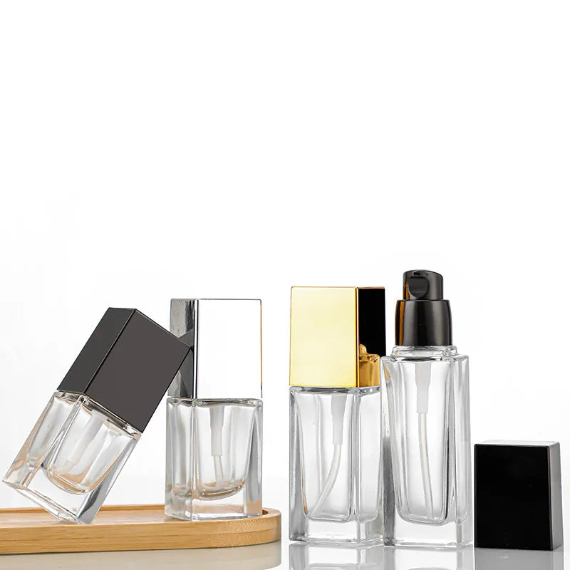 Cheap 15ml 20ml 30ml 40ml Portable square Shape Empty Luxury Cosmetic Bottle Pump Glass Bottle