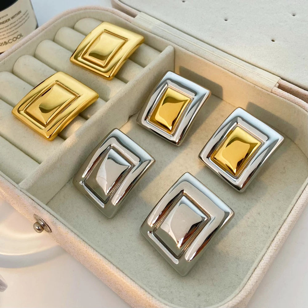 Chunky Stainless Steel Rectangular Color Blocking Earrings Fashion Jewelry 2025 New 18K Gold Exaggerated Geometric Earrings