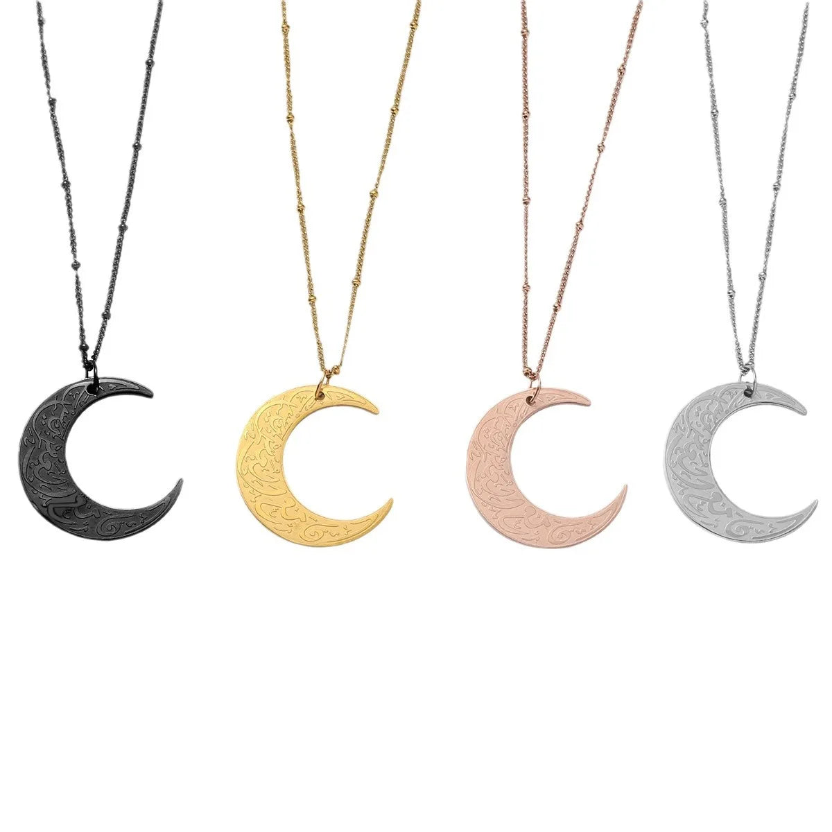 18K Gold Plated Arabic Necklace with New Design Moon Engraving  Stainless Steel Link Chain