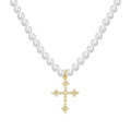 European American Vintage Exquisite Stainless Steel Pendant Necklace Pearl Cross Necklace for Women