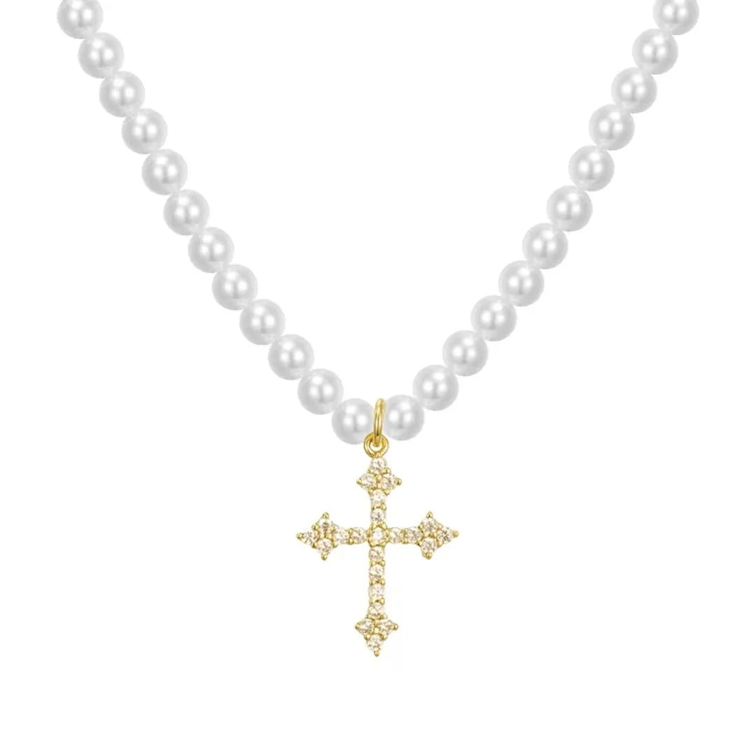 European American Vintage Exquisite Stainless Steel Pendant Necklace Pearl Cross Necklace for Women