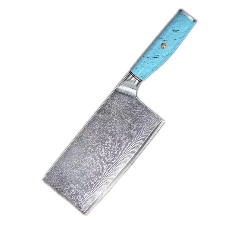 In Stock 7 Inch Luxury Knife VG10 Damascus Steel Curved Blade Design Laser Patterned Blade Cleaver Chef Knife WIth Resin Handle