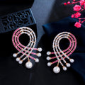 Creative Geometric Red Cubic Zirconia Pave Long Large Dangle Pearl Drop Earrings for Women Luxury Wedding Pageant Jewelry MegaBDM