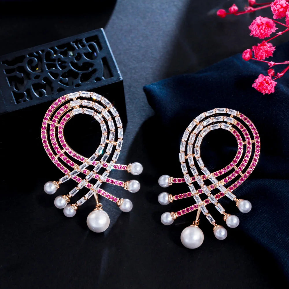 Creative Geometric Red Cubic Zirconia Pave Long Large Dangle Pearl Drop Earrings for Women Luxury Wedding Pageant Jewelry MegaBDM
