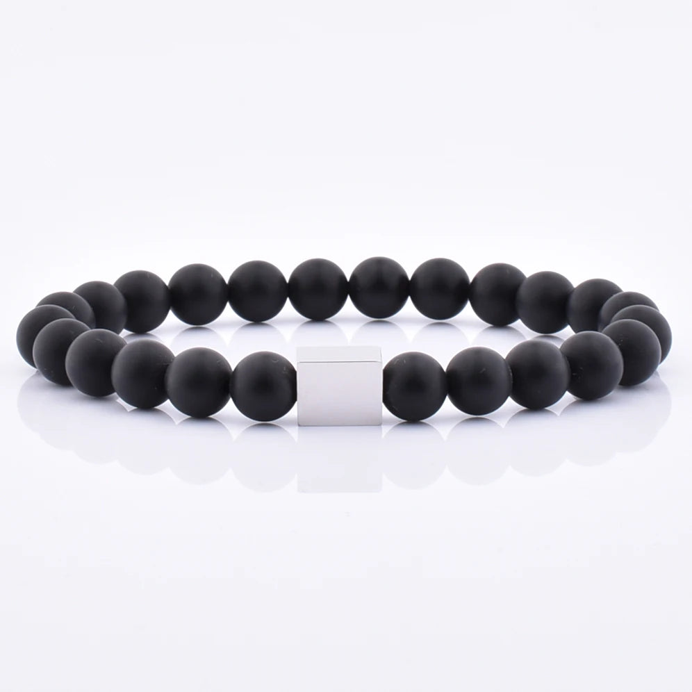 Best Selling Handmade Black Onxy Gemstone Beaded Bracelet With Steel Customized Logo Charm