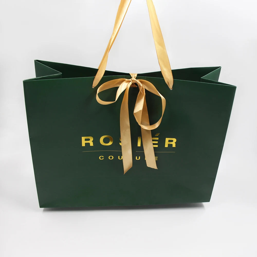 White Custom Luxury Gold Foil Paper Bag with Ribbon Handle Wholesales Boutique Clothing Use Paper Shopping Bag