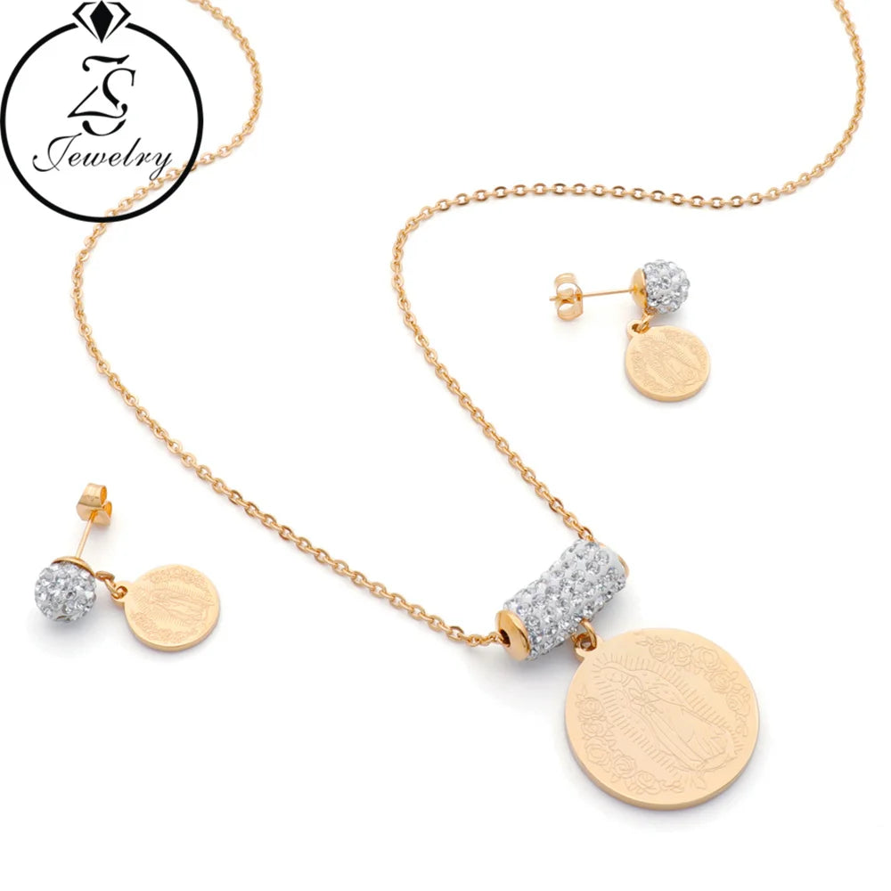 Dubai Luxury Ladies Gold Plated Zircon Stone Jewelry Gift Sets Stainless Steel for Wedding Party Engagement