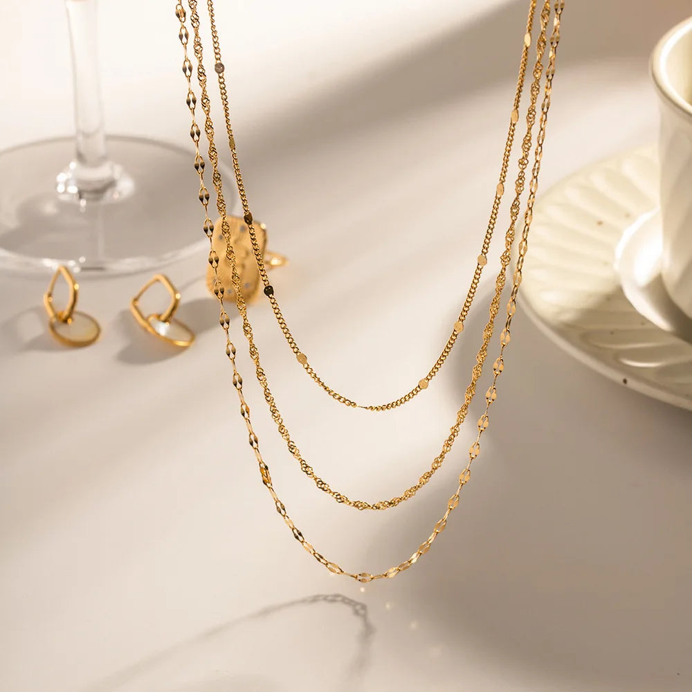 Waterproof 18k Gold Plated Triple Necklace Elegant Layered Stainless Steel Necklace for Women