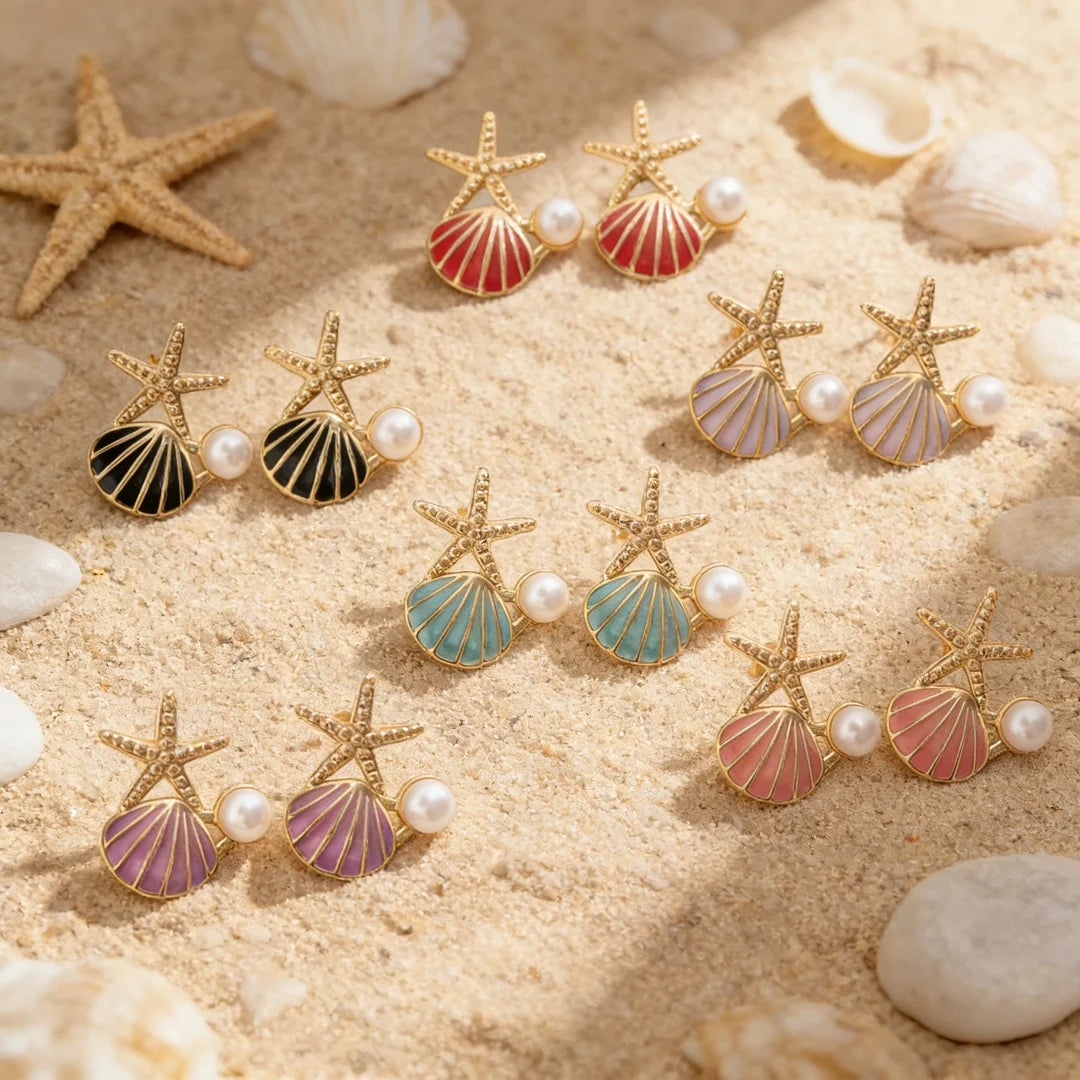 HOVANCI New Sea Shell Earrings for Women 5 Gold Color Round Handmade Dangle Drop Shell Pearl Earrings