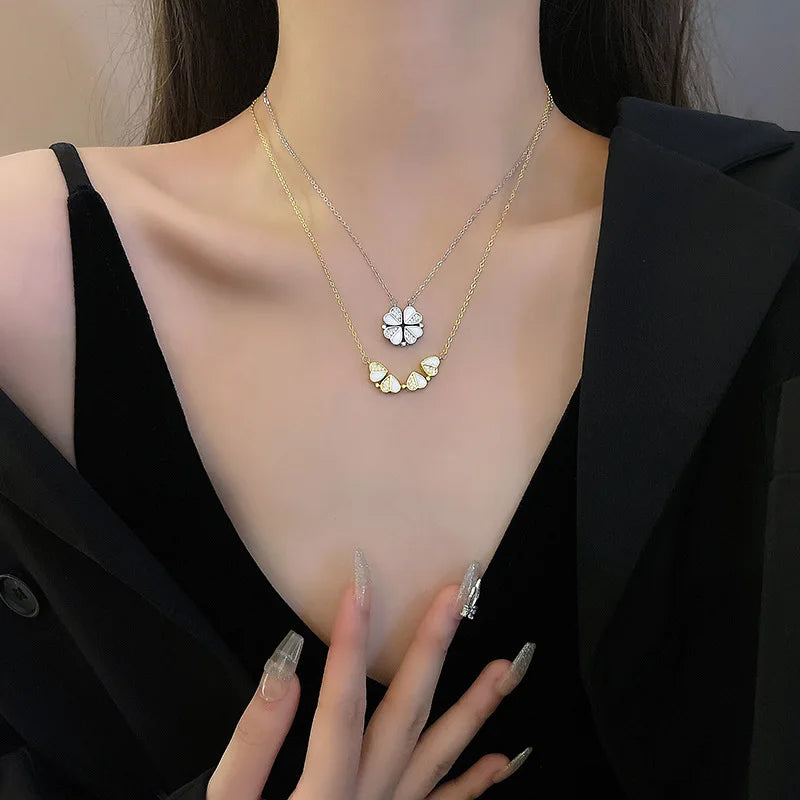 Trendy 2023 New Arrival Ins Stainless Steel Gold Plated Necklace Heart Flower Clover Magnetic Zircon Necklace for Women