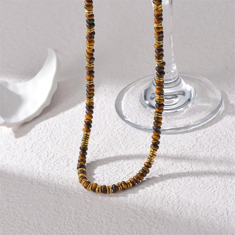 Bohemian Jewelry Non Tarnish Women Accessories Stainless Steel Brown Beaded Chain Choker Necklace