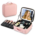Fashionable Lighted Travel Makeup Case with Mirror PU Material Zipper Closure Thread Pattern