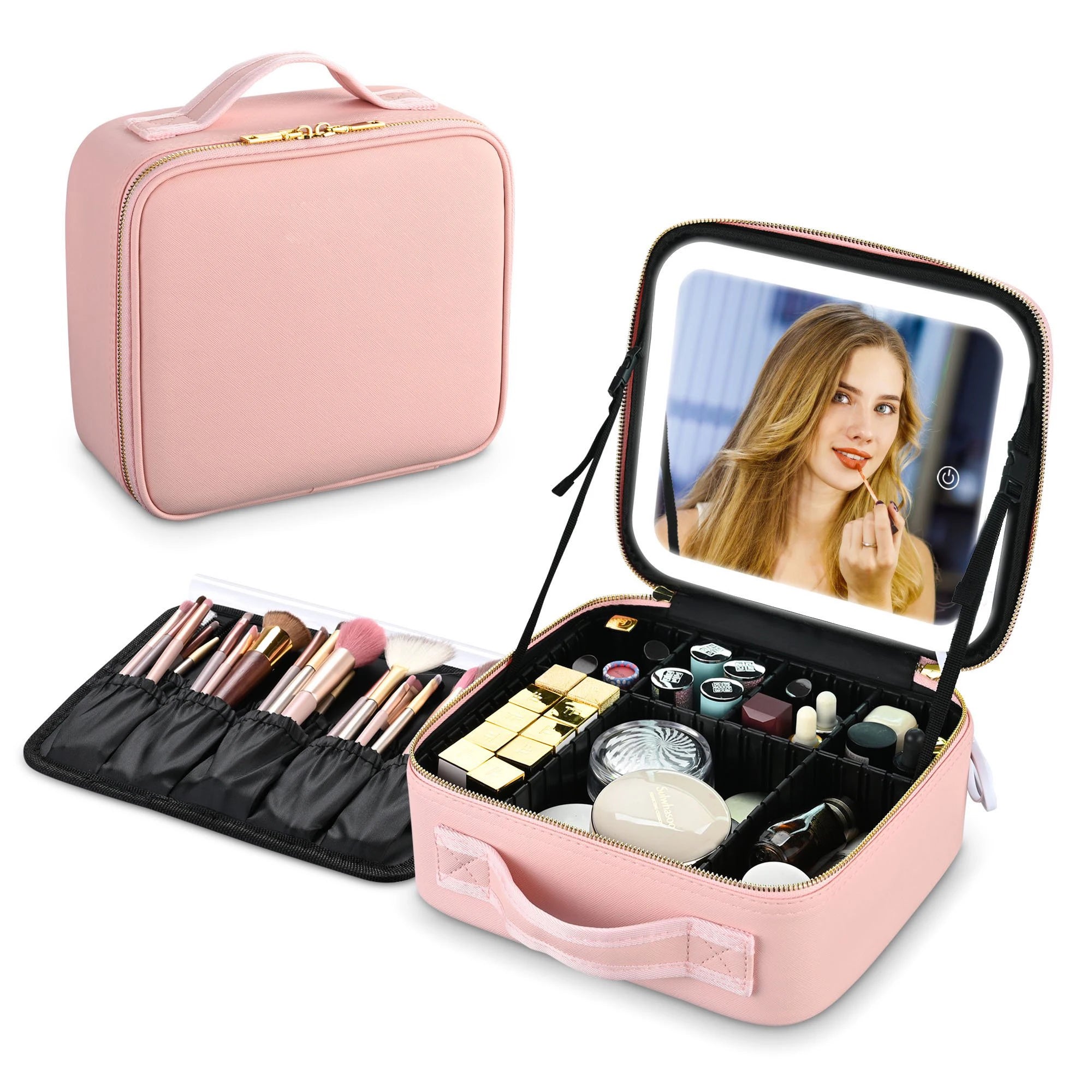 Fashionable Lighted Travel Makeup Case with Mirror PU Material Zipper Closure Thread Pattern